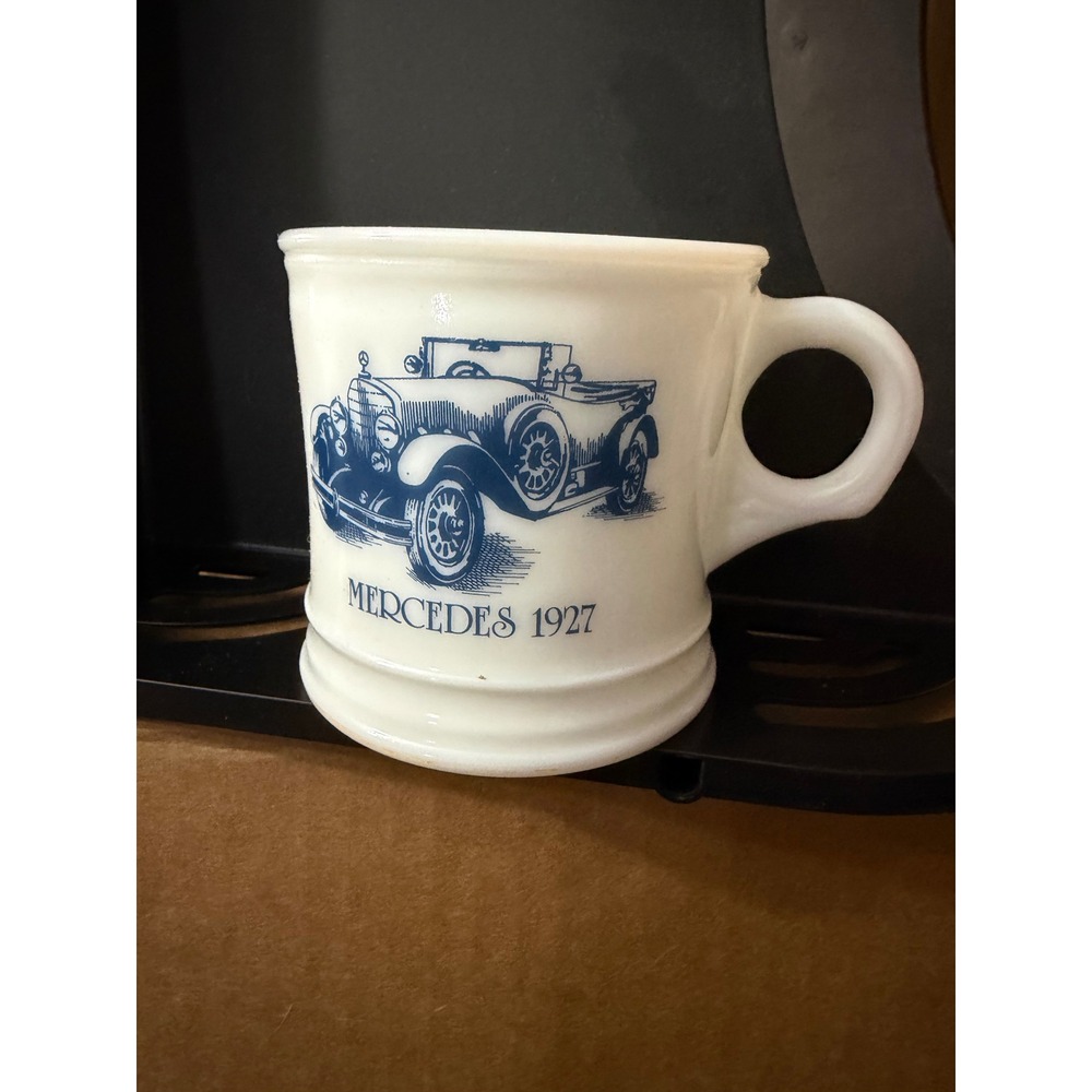Surrey Milk Glass Coffee Mug 1927 Mercedes Blue Graphic Made in USA